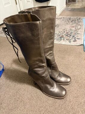 Kenneth Cole Reaction Metallic Brown Knee-High Lace-Back Heeled Boots